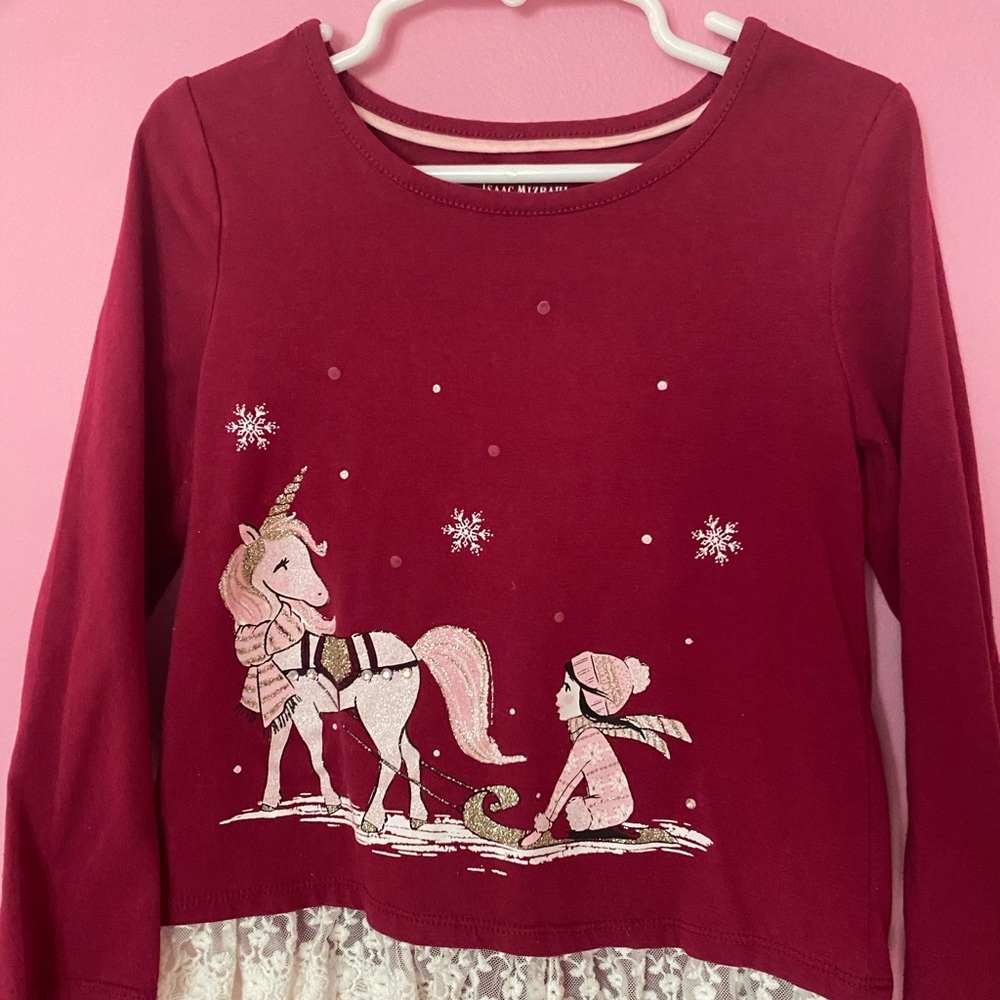 Isaac Mizrahi + girls winter themed long sleeve shirt with lace + size 5/6